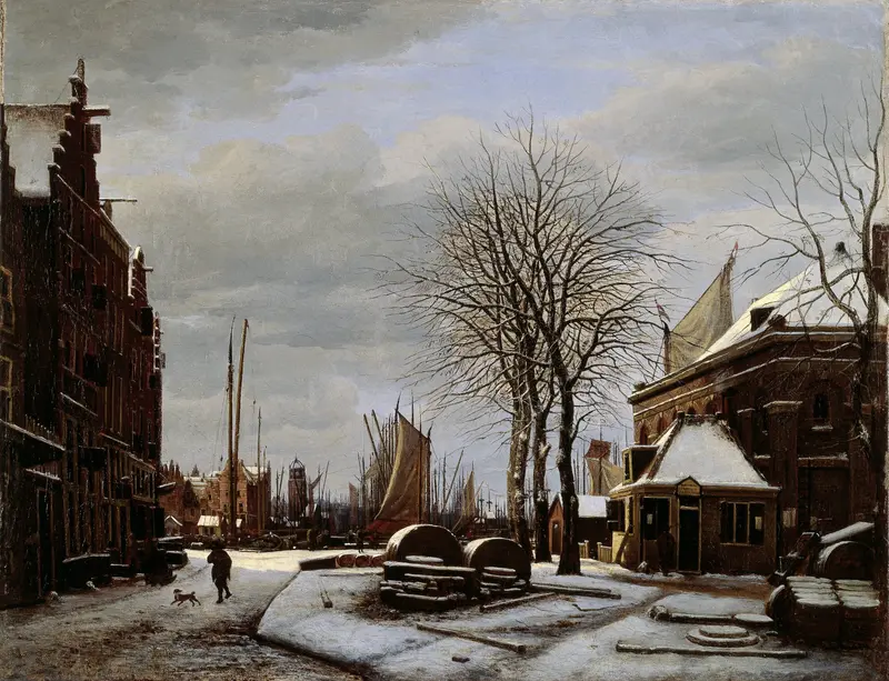Whetstone Market in winter, oil on canvas by George Pieter Westenberg