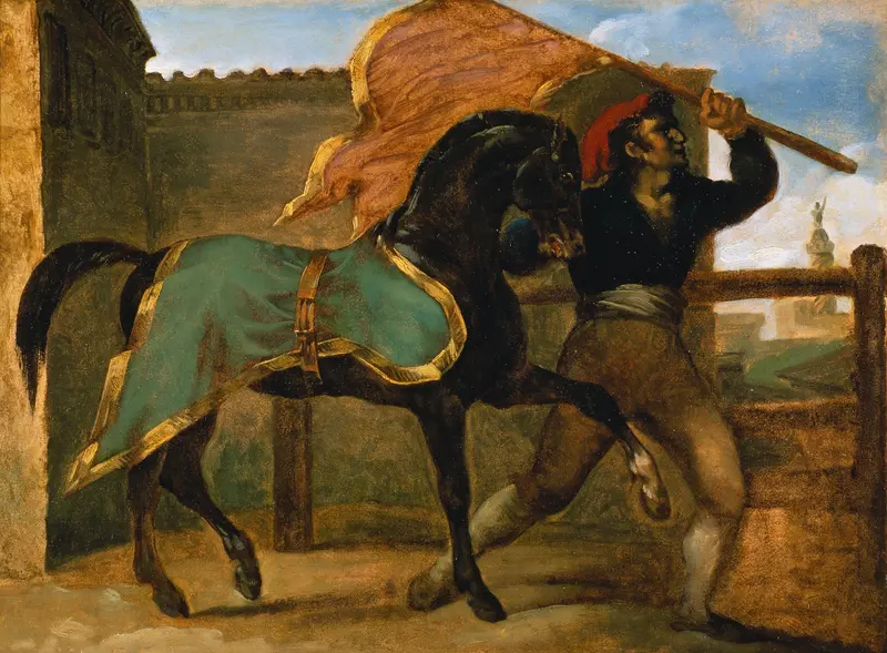 A dynamic depiction of a horse race with riders in colorful silks against a stormy sky.