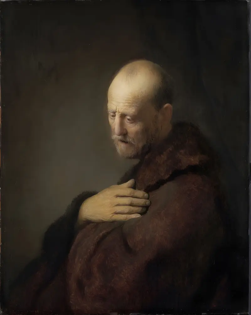 An old man in prayer, with a weathered face illuminated by light, capturing a moment of silent communion.