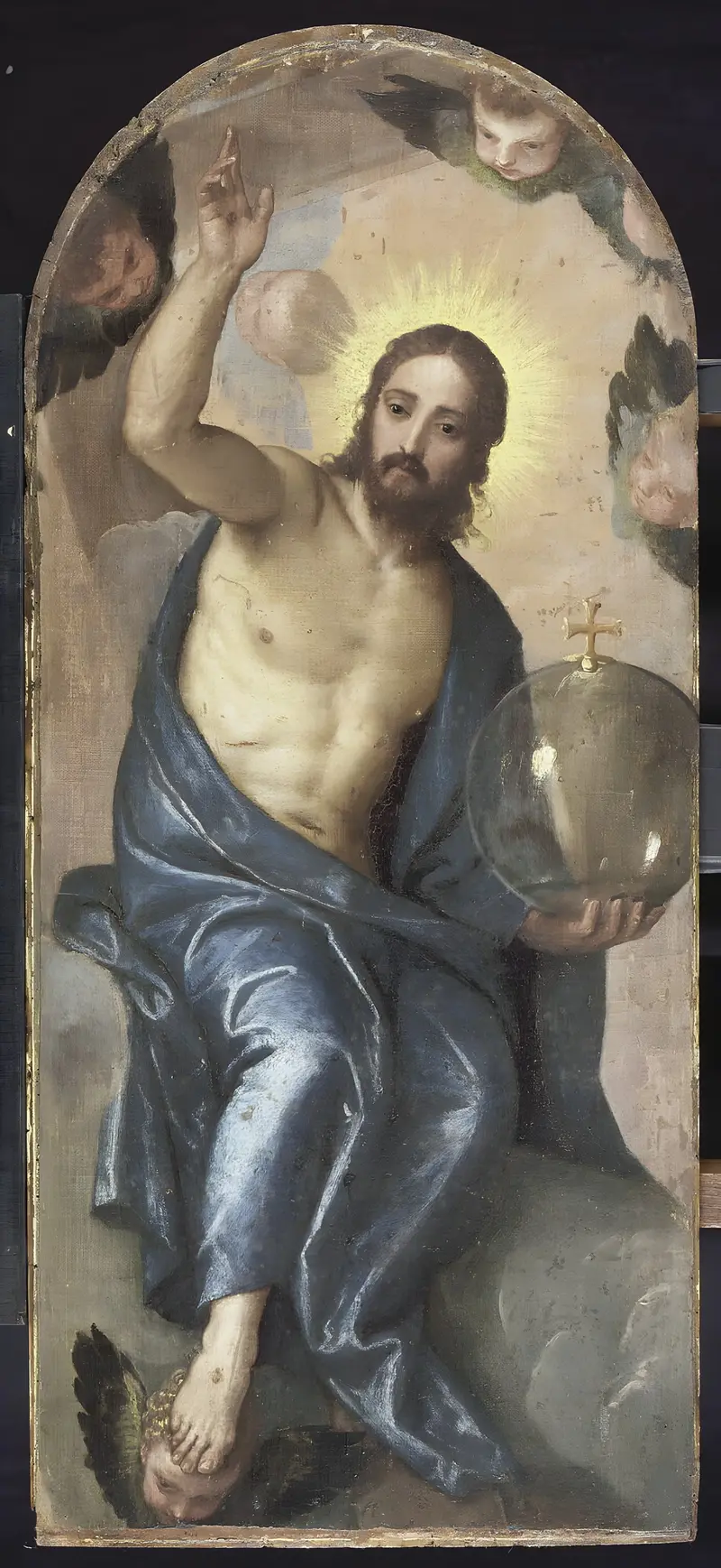 Christ holding the globe of the world in a serene pose, attributed to Paolo Veronese.