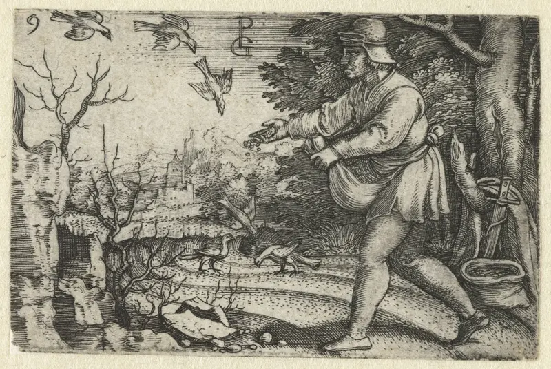 Engraving by Georg Pencz depicting a sower in a rural landscape