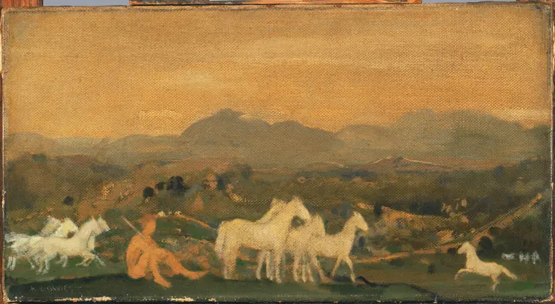 A cluster of pale horses shimmer against an ochre landscape under a glowing sky.