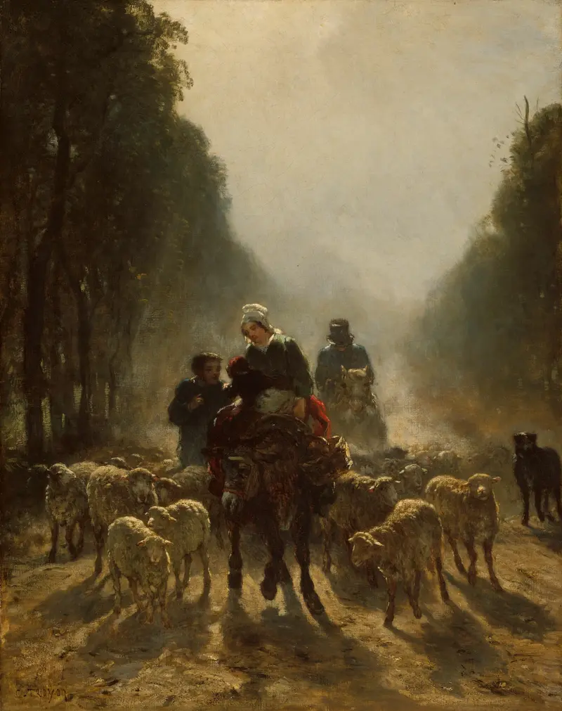 Oil painting by Constant Troyon depicting a winding path through lush countryside