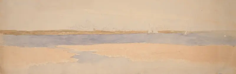 River Landscape with Town on Far Shore, oil painting by Edwin Austin Abbey, featuring a river and town at twilight.