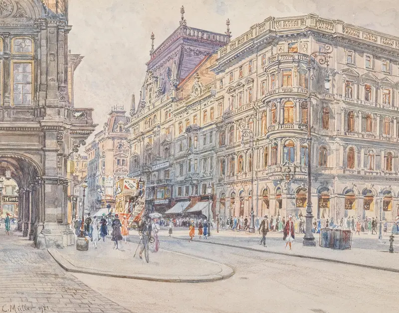 Kärntnerstraße by Carl Müller, oil on canvas depicting Vienna's architecture and light.