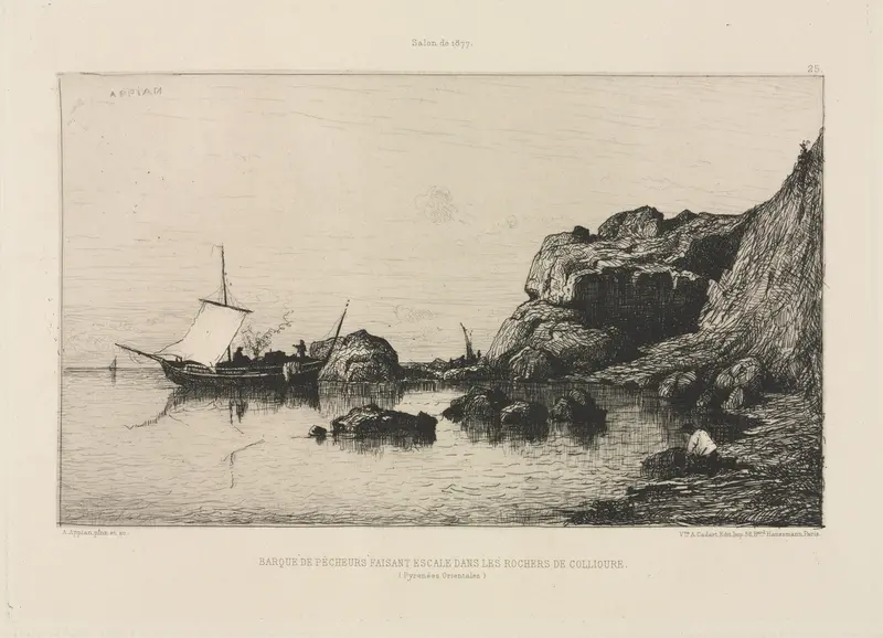Fishing boat making a port of call at the rocks of Collioure, oil painting by Adolphe Appian