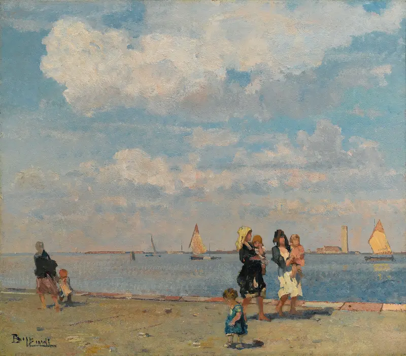 Impressionist oil painting by Beppe Ciardi depicting figures by the water in Venice