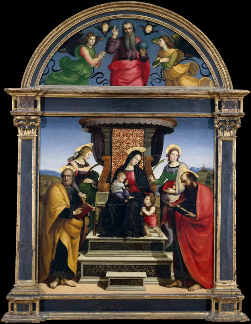 The painting shows the Virgin Mary seated on a throne holding the Christ Child, surrounded by four saints, angels, and cherubs against a landscape background.