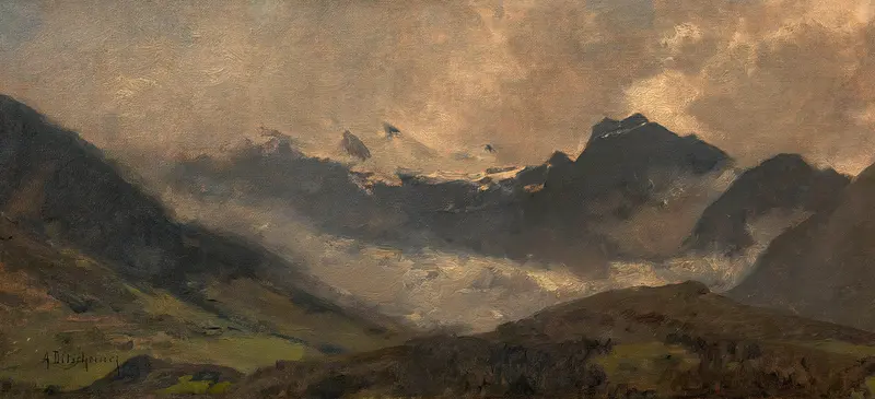 Hochgebirgslandschaft by Adolf Ditscheiner, oil painting depicting a serene mountain landscape.