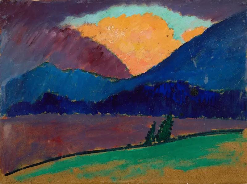 Summer evening in Murnau by Alexej von Jawlensky, oil painting depicting twilight colors and nature