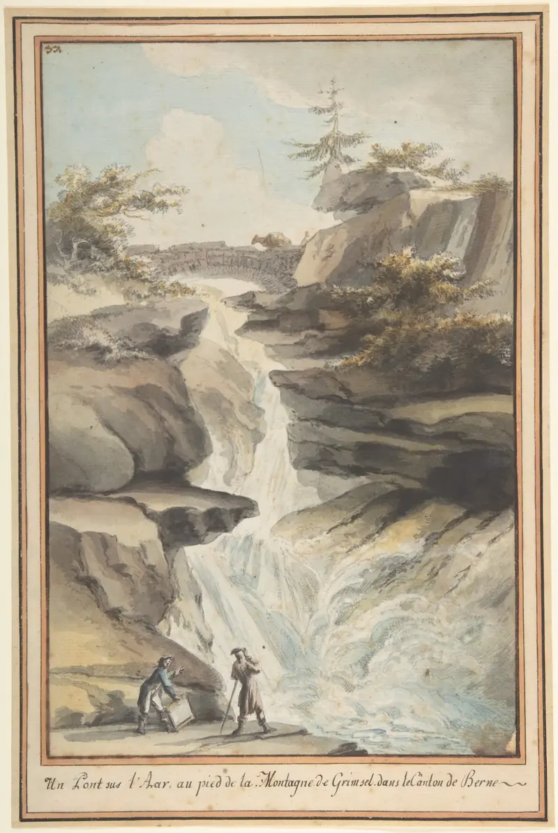 A Bridge on the Aar, oil painting by Caspar Wolf, featuring a river, mountains, and sunset.