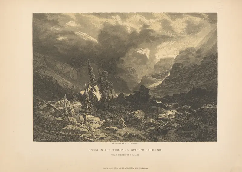 Storm in the Haslithal, Bernese Oberland by Theodor Gsell Fels, oil painting depicting dark clouds over mountains.
