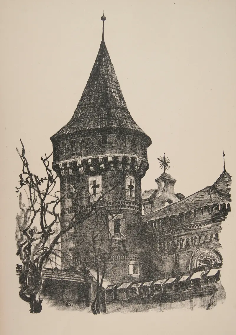 Baszta stolarska by Jan Kanty Gumowski, oil on canvas depicting a tower against the sky