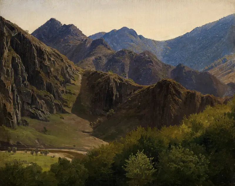 Landscape oil painting by Johann Wilhelm Schirmer featuring mountains and a gentle sky.