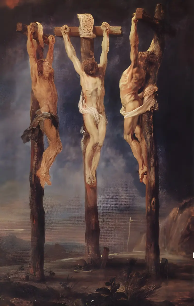The Three Crosses by Peter Paul Rubens depicts the crucifixion of Christ with dramatic emotional intensity.