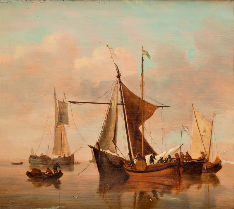 Quiet Lake by Willem van de Velde the Younger, oil painting depicting a tranquil lake at twilight.