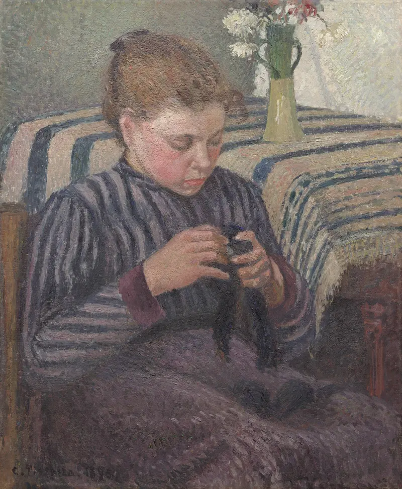 Woman mending fabric, oil on canvas by Camille Pissarro