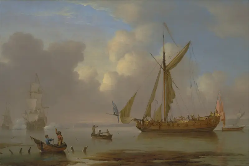 Royal Yacht Becalmed at Anchor by Peter Monamy, oil painting of a yacht anchored in calm waters.