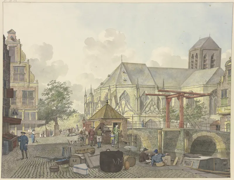Schleusentor bei einer Kirche by Johannes Huibert Prins, depicting a church and customs house in a landscape.