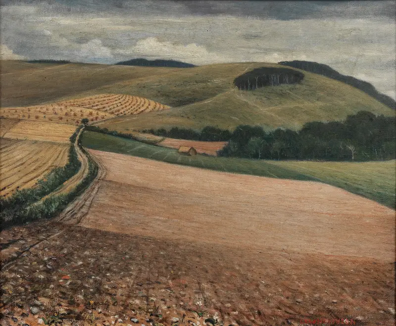 Landscape with hills and golden light, oil on canvas by Christopher R. W. Nevinson
