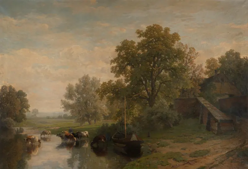 Landscape in Limburg by Frans Keelhoff, oil painting depicting rolling hills under a luminous sky.