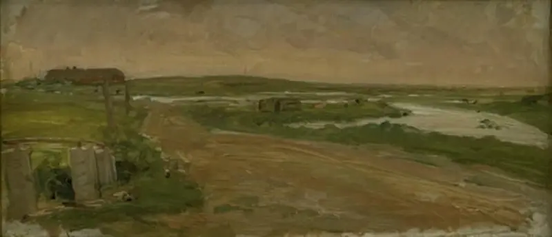 A low ochre sky over a marshy plain with a dark farmhouse silhouette and glinting water pools.