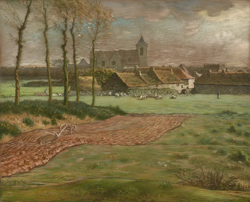 The Church at Chailly by Jean-François Millet, oil painting depicting a rural landscape.