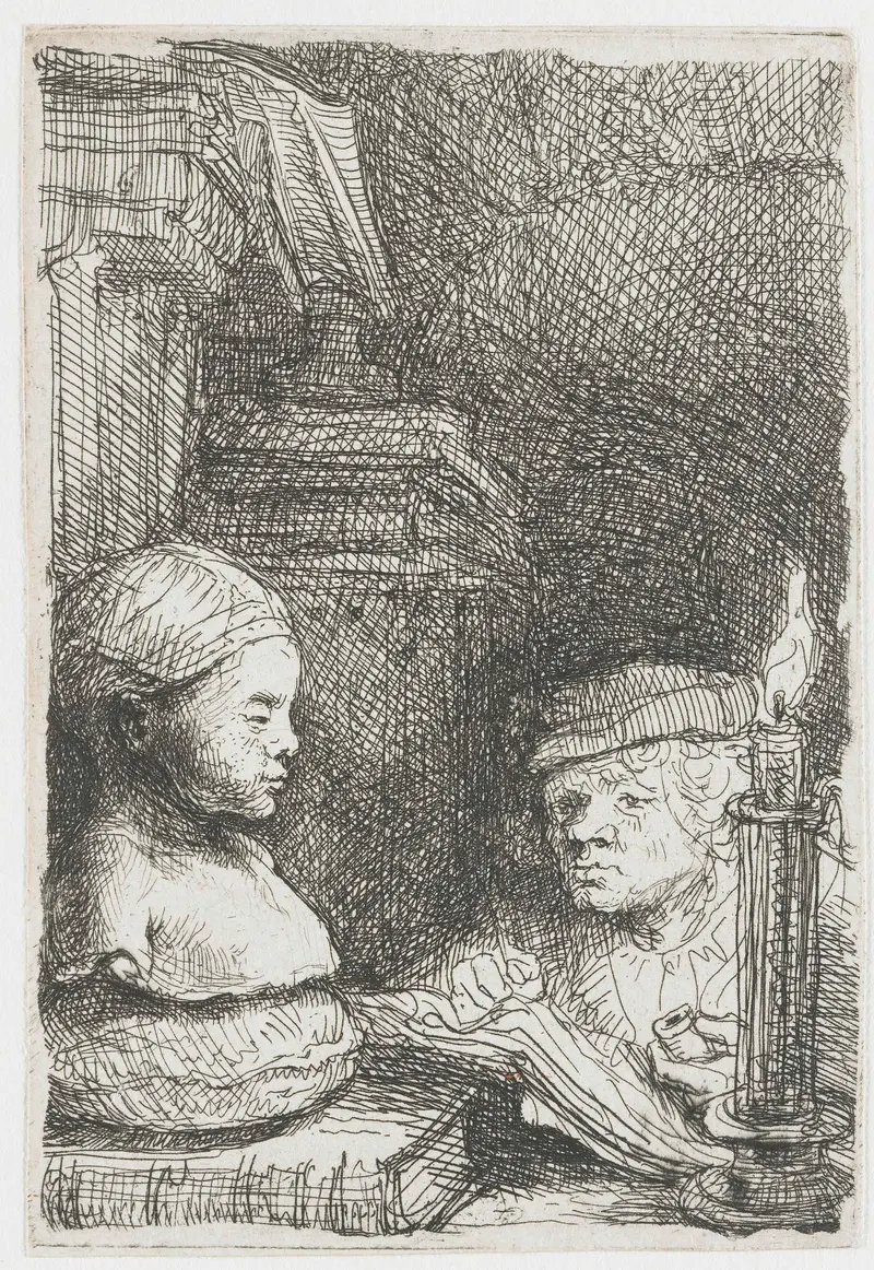 Etching by Rembrandt van Rijn of a young man drawing a plaster cast at a table.