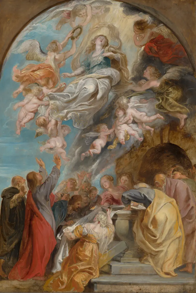 Sketch for the Assumption of the Virgin by Peter Paul Rubens depicts the Virgin Mary ascending to heaven surrounded by cherubs.