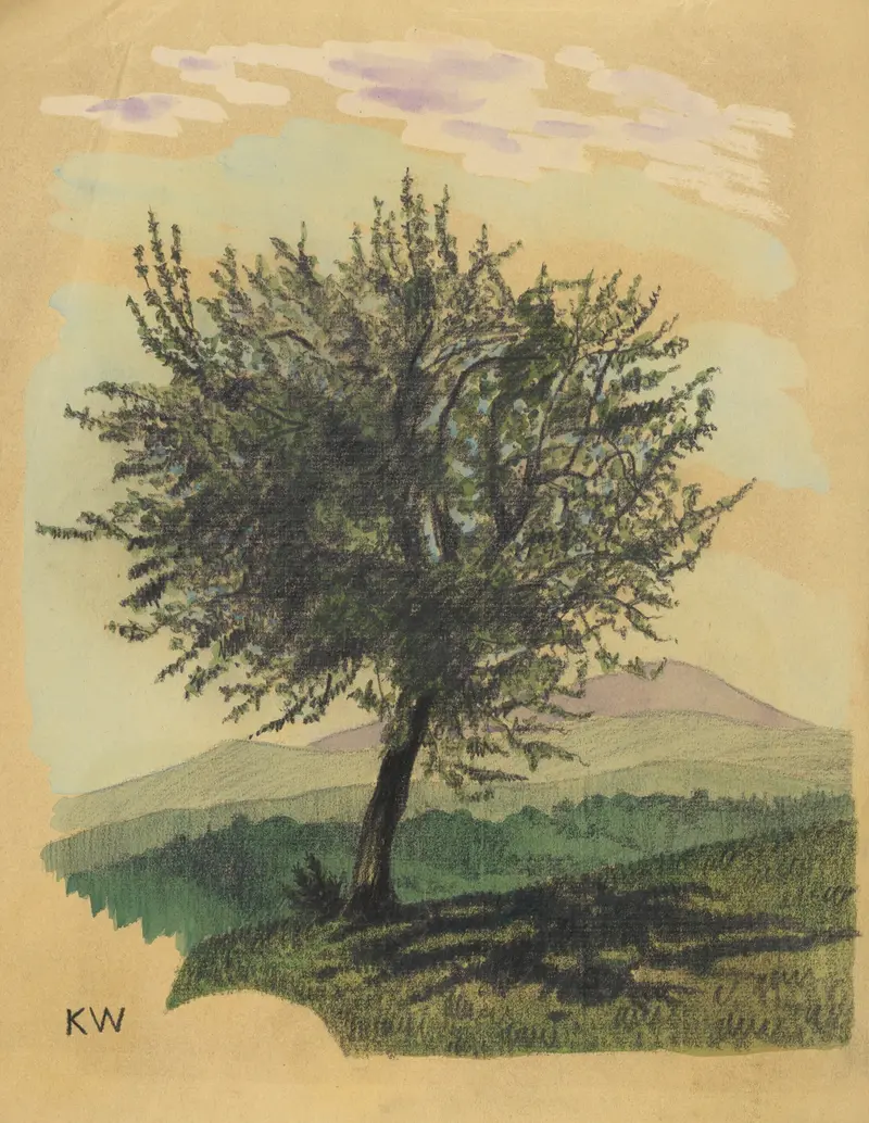 Landscape with a tree and vibrant foliage by Karl Wiener, oil painting.