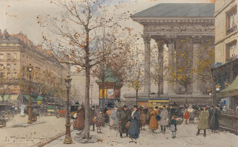 Genre scene of bustling Paris streets in oil painting by Eugène Galien-Laloue