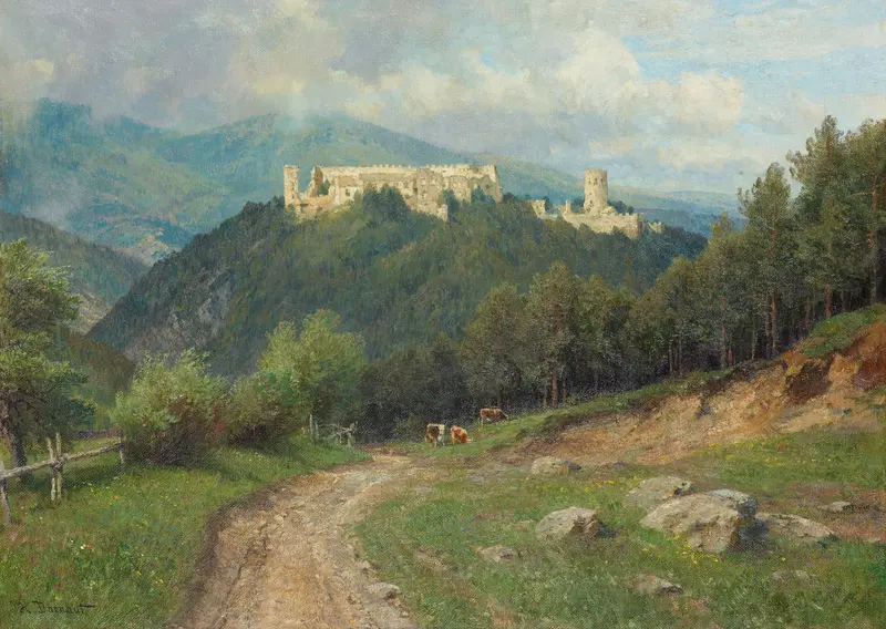 Die Ruine Starhemberg im Piestingtal by Hugo Darnaut, oil on canvas depicting castle ruins and ivy.