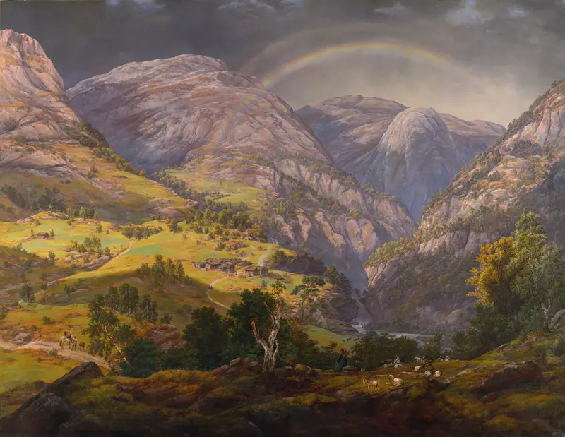 View from Stalheim, oil on canvas by Johan Christian Dahl depicting serene mountains and valleys.