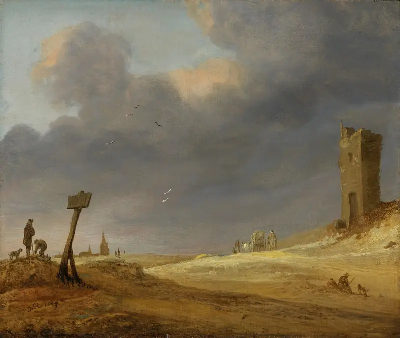 A Dune Landscape by Jacob Salomonsz. van Ruysdael, oil on canvas depicting a serene dune scene.