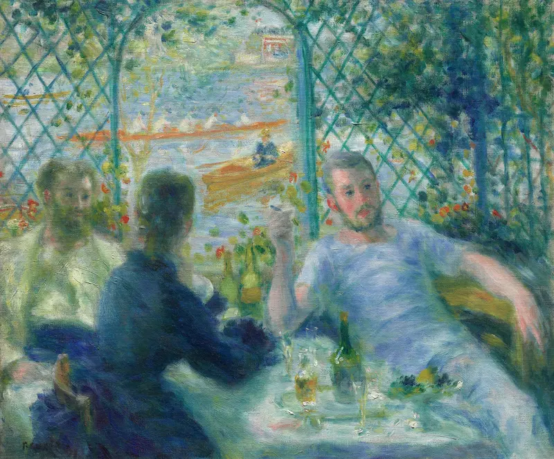 Three figures sit around a white-clothed table with glasses and fruit by a garden trellis overlooking the Seine, with boats visible on the water.