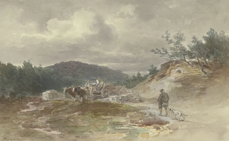 Landschaft mit Ochsengespann by Anton Burger, oil on canvas depicting oxen in a lush landscape