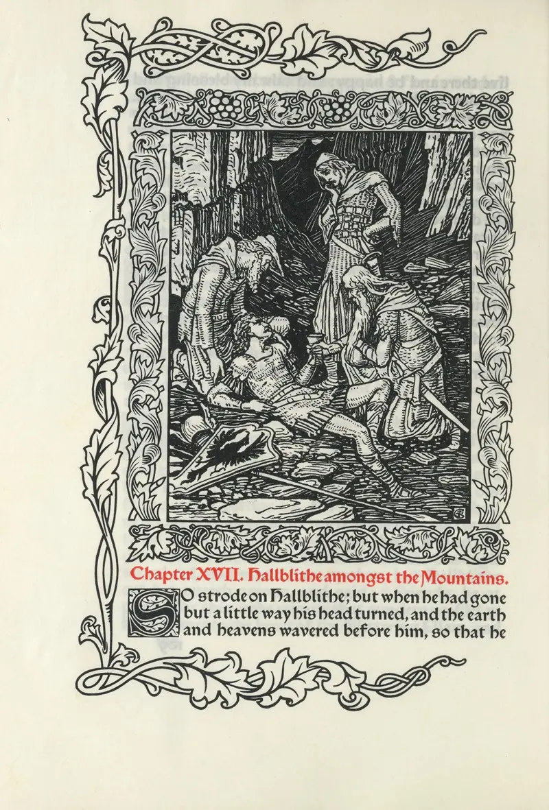 A landscape painting by Walter Crane depicting Hallblithe among the mountains.