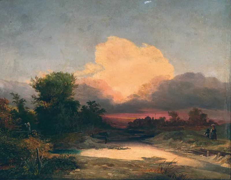 A Landscape at Sunset, oil on canvas by Ignaz Raffalt, featuring warm golden light and deep blue twilight.