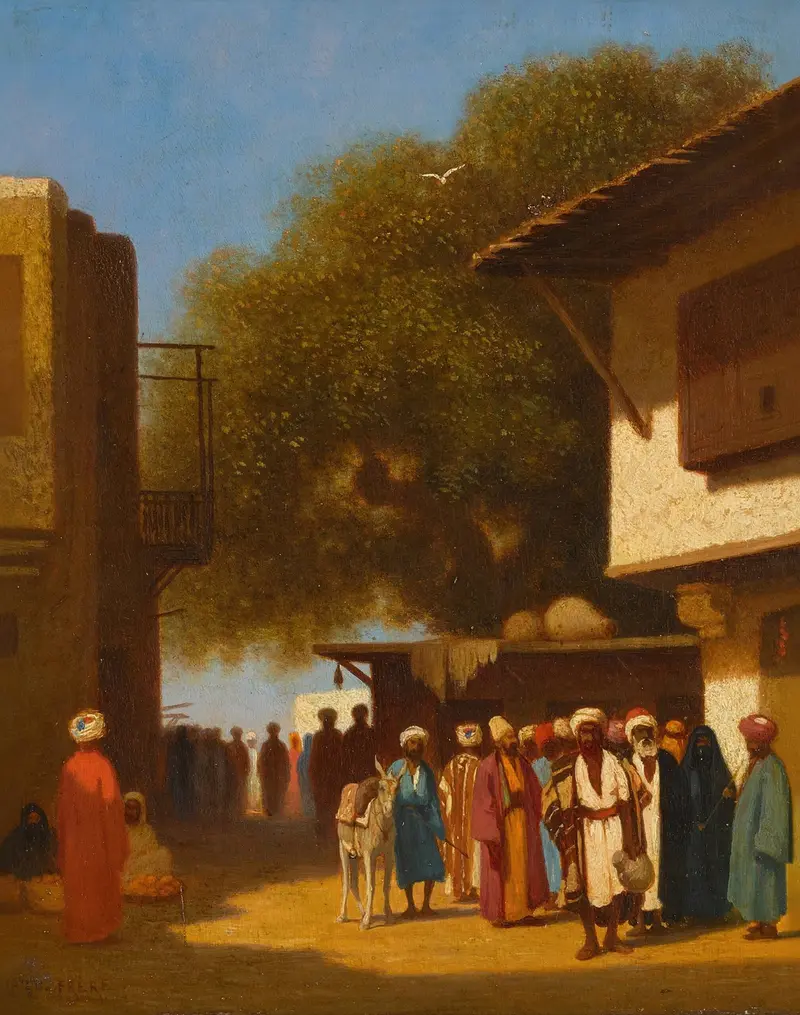 Street in Cairo by Charles Théodore Frère, oil painting depicting a bustling market scene.