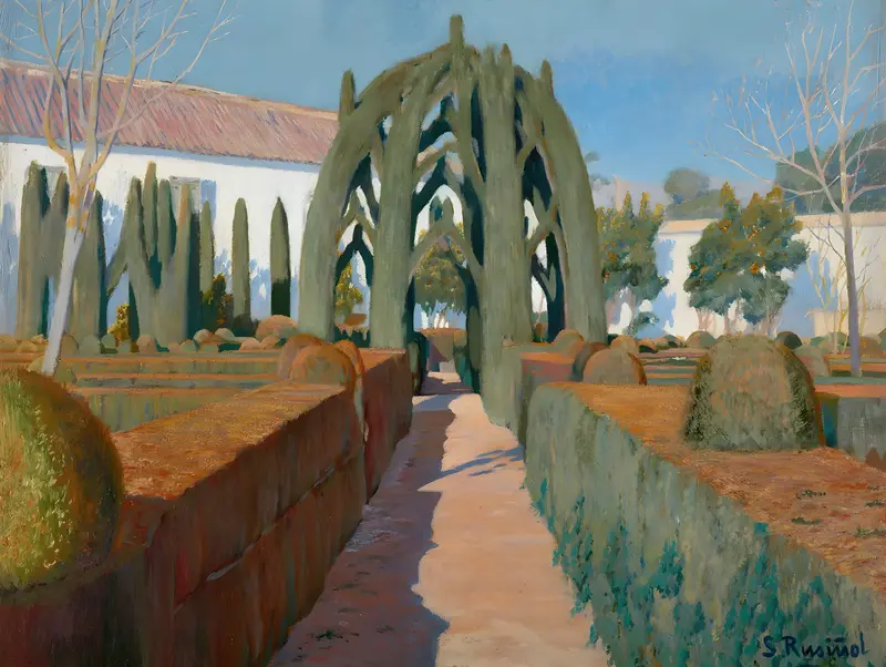 A vibrant garden scene by Santiago Rusiñol featuring a dancer.