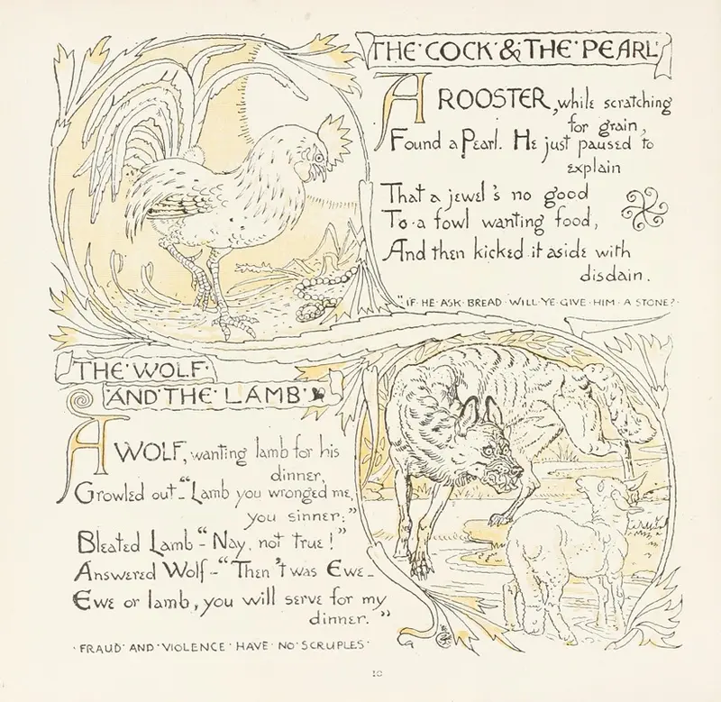 A whimsical illustration featuring a cock and a pearl alongside a wolf and a lamb.