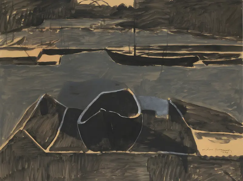 A painting depicting the serene docks of Ostend by Léon Spilliaert.