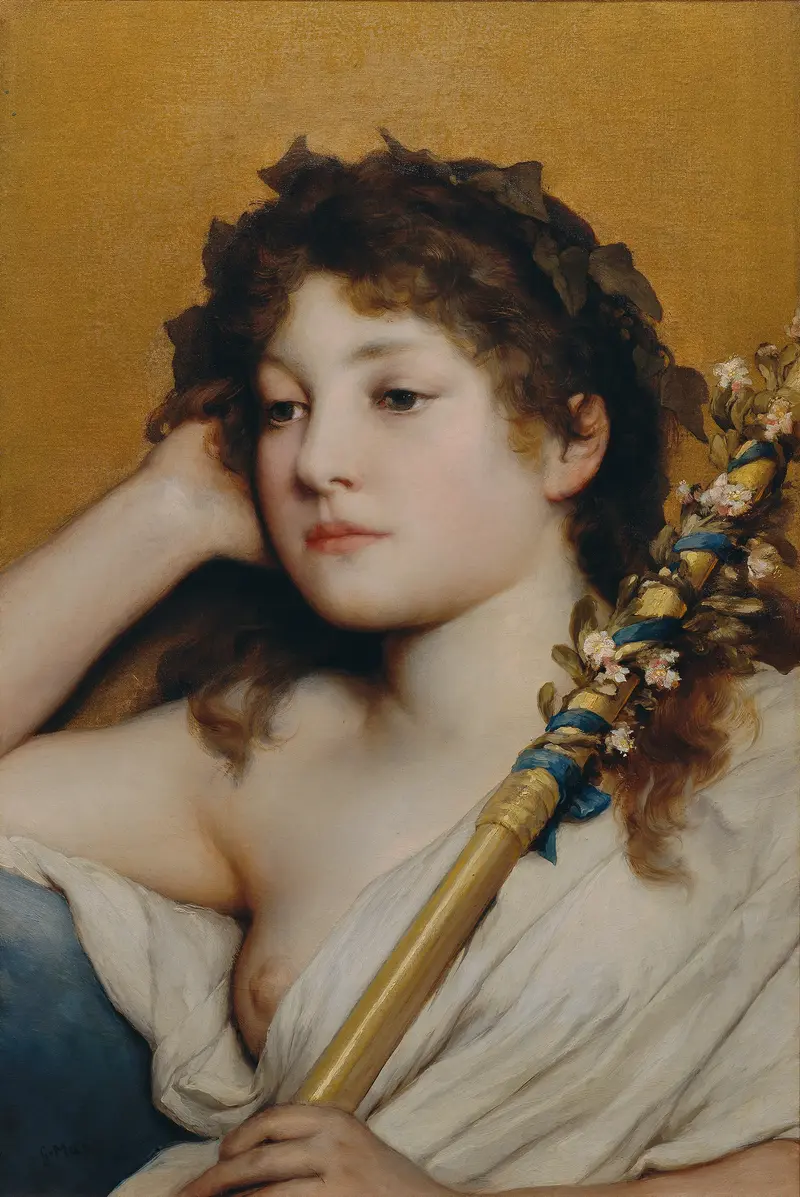 A thoughtful young woman rests her head on her hand, adorned with a dark leaf wreath, holding a golden staff with blue ribbon.