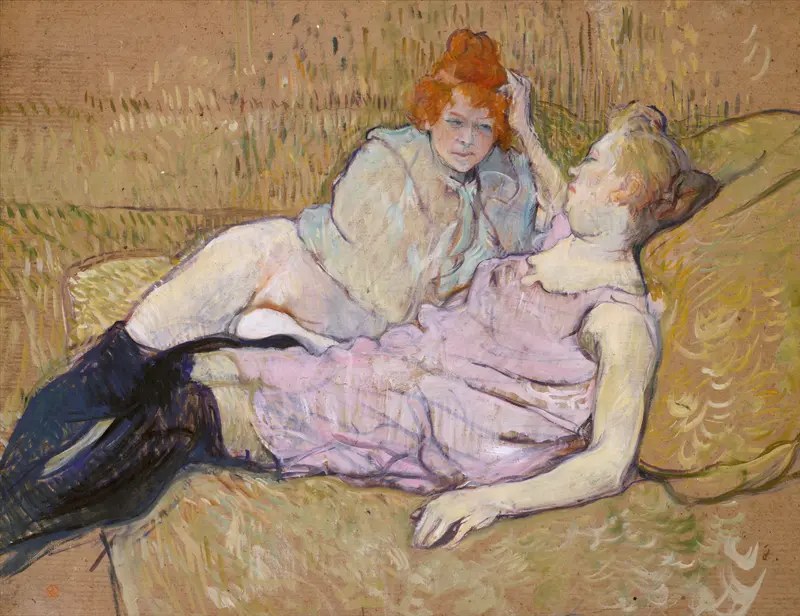 Henri de Toulouse-Lautrec's 'The Sofa' captures a moment of leisure in a vibrant setting.