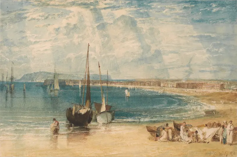 Weymouth by Joseph Mallord William Turner, oil on canvas, depicting gentle waves and a luminous sky
