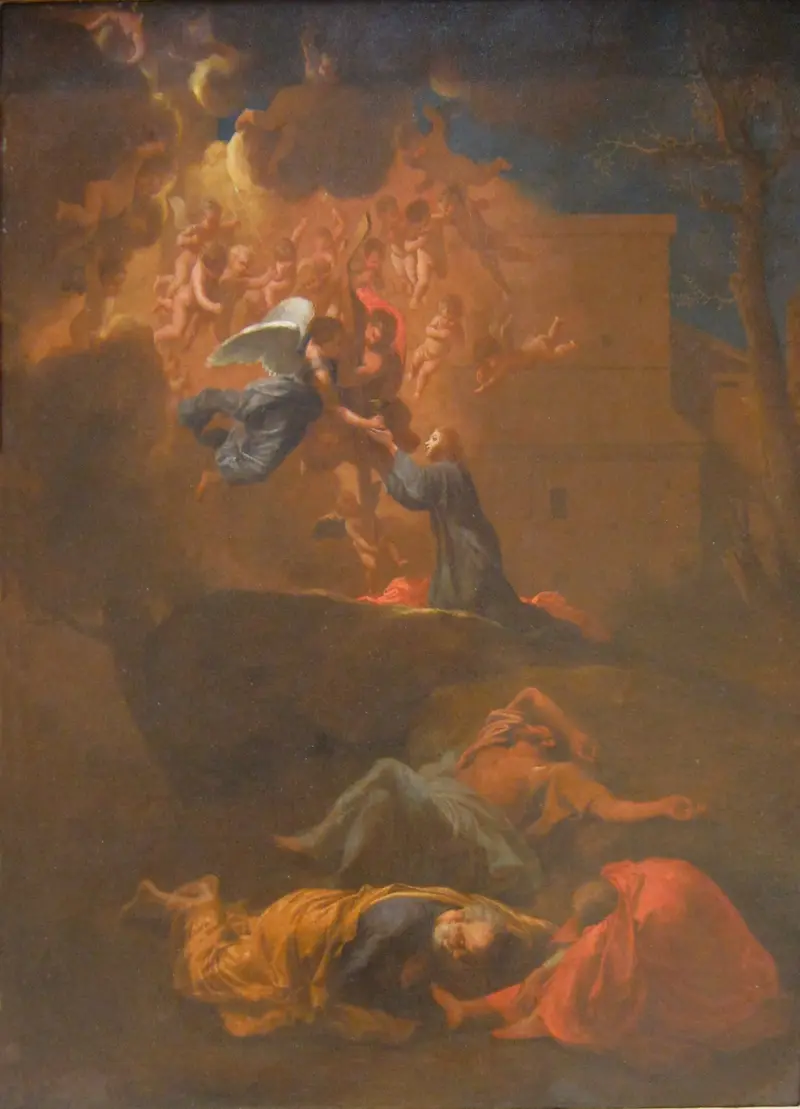 The Agony in the Garden of Gethsemane by Nicolas Poussin depicts Jesus in anguish as an angel offers comfort.