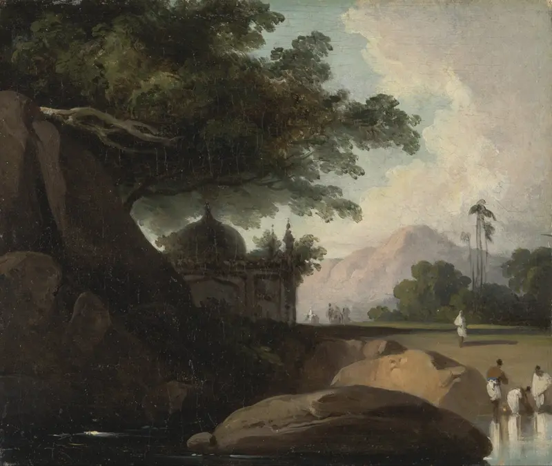 Indian landscape with temple, oil on canvas by George Chinnery