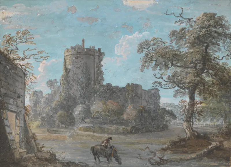 The Entrance to Chepstow Castle by Paul Sandby, watercolor on paper, featuring a mossy archway and soft light.