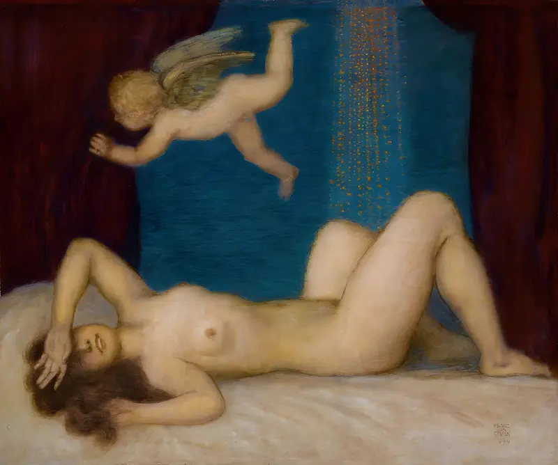 Franz von Stuck's 'Danae and the Golden Shower' depicts a mythological scene with rich colors and intricate details.