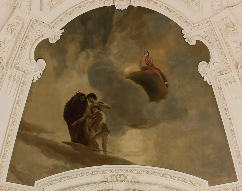 A trio of shadowy figures in an archway, with a cloaked presence supporting a nude figure, and a robed woman above on a golden sphere.